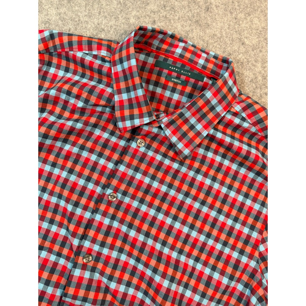 Perry Ellis Mens XL Short Sleeve Button Down Shirt Stretch Gingham